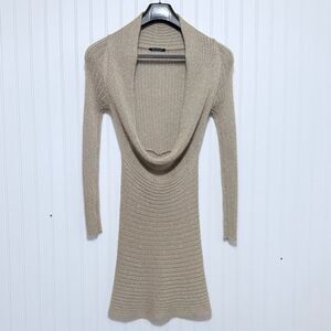 Luisa Cerano Knit Gold Beige Plunge Front MIDI Dress Size US 6